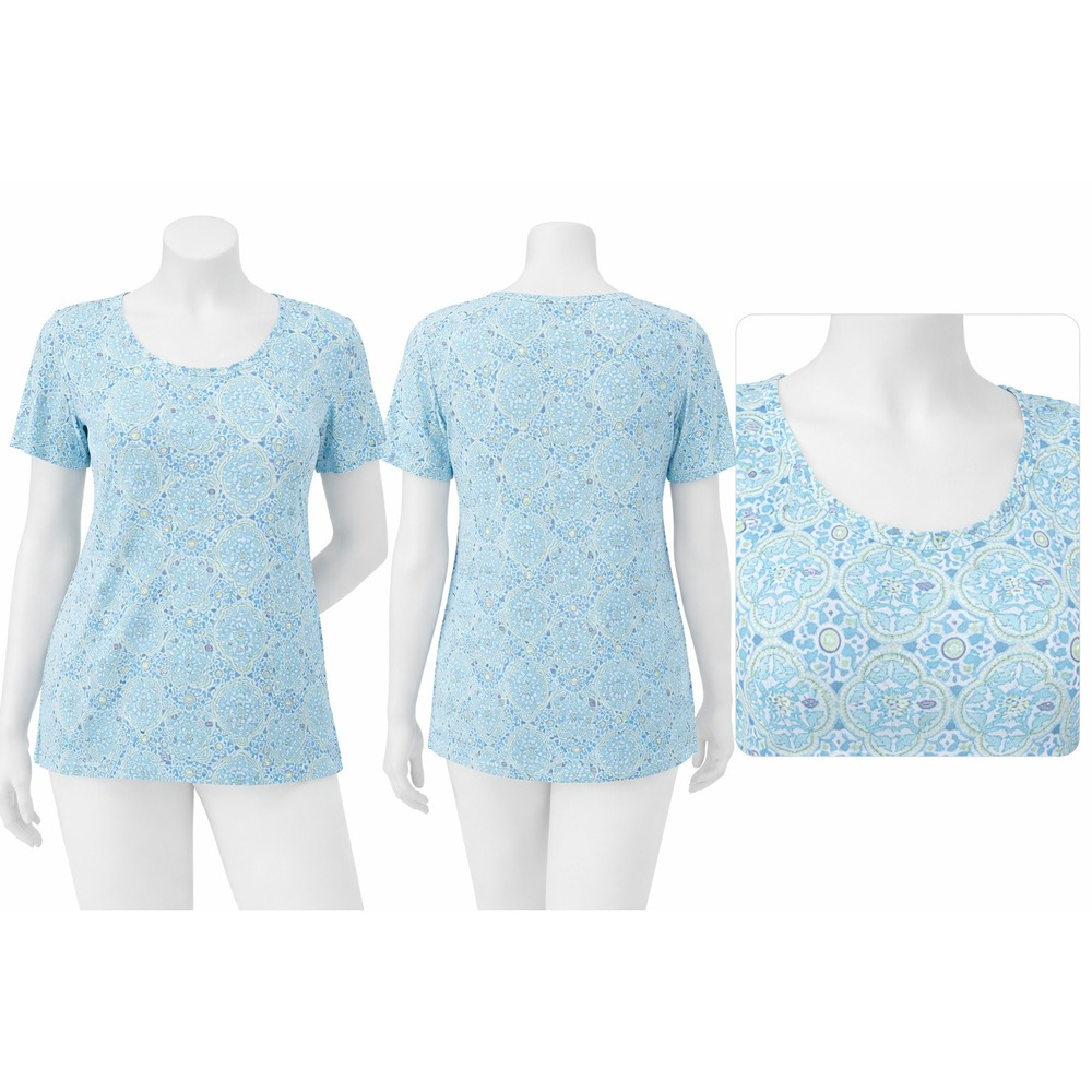 Denim & Co Womens 3X Blue Tile Print‎ Short Sleeve Peasant Top Knit Scoop Neck